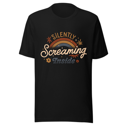 A fun and cute lettering design with a rainbow in the background and the phrase ‘Silently Screaming Inside’. The contrast between cheerful visuals and dark humour makes it perfect for those who cope with irony and sarcasm.