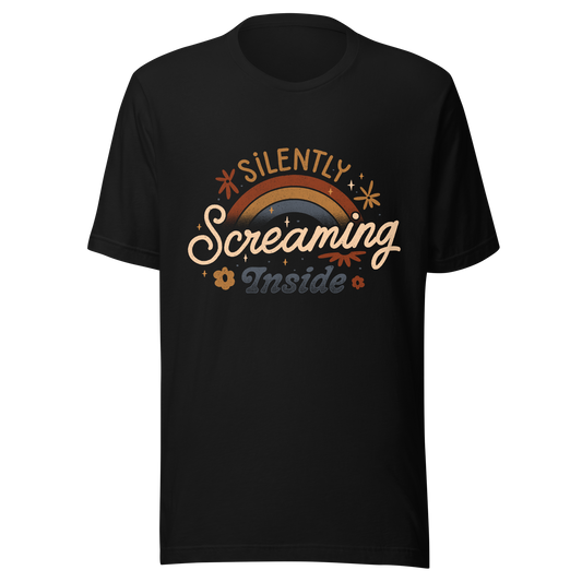 A fun and cute lettering design with a rainbow in the background and the phrase ‘Silently Screaming Inside’. The contrast between cheerful visuals and dark humour makes it perfect for those who cope with irony and sarcasm.