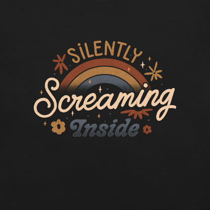 A fun and cute lettering design with a rainbow in the background and the phrase ‘Silently Screaming Inside’. The contrast between cheerful visuals and dark humour makes it perfect for those who cope with irony and sarcasm.