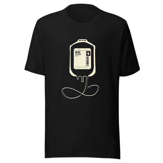 The artwork depicts an infusion pouch stylized as a full wine bag, with a detailed label in shades of cream. It plays on the idea that, for some, wine is almost like an essential fuel. Perfect for wine lovers and fans of sarcastic humor.
