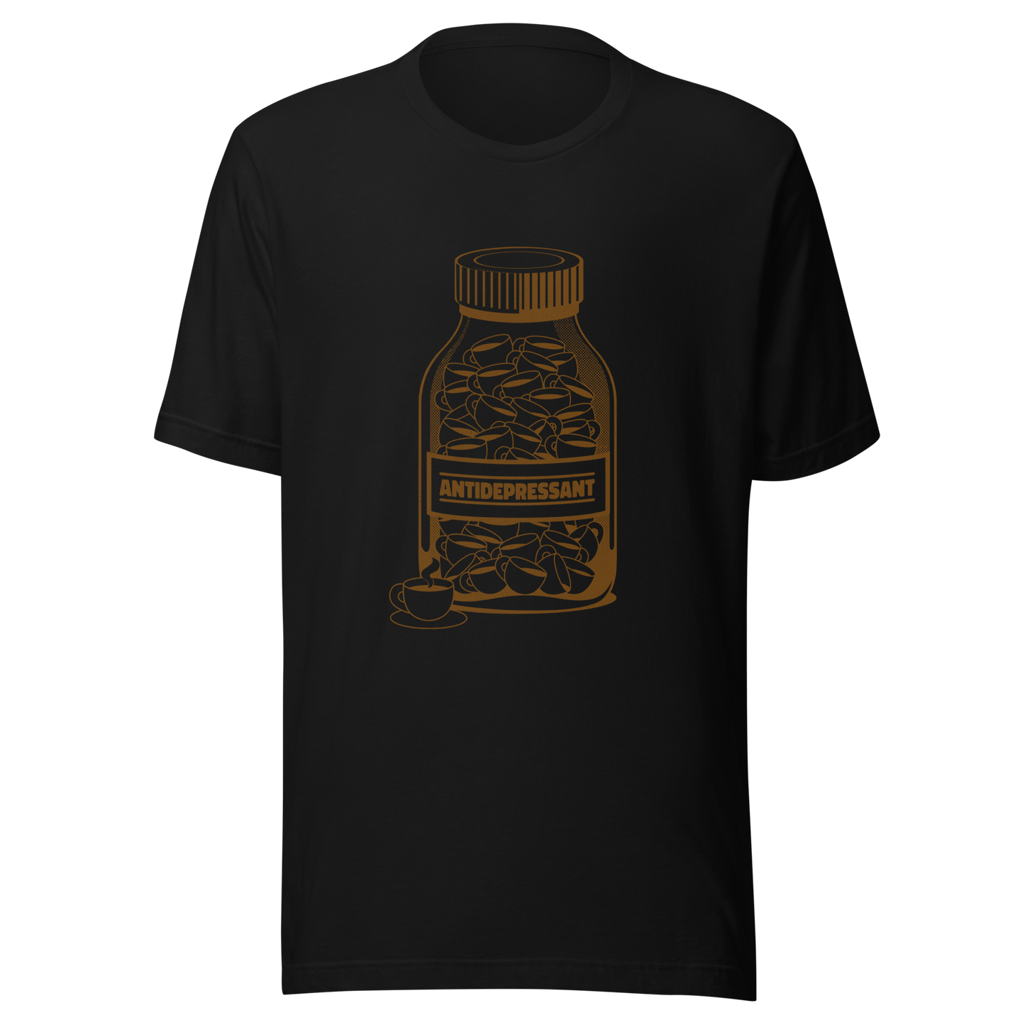 A medicine bottle filled with small coffee cups, labeled ‘antidepressant’. A playful, humorous design that celebrates coffee as a daily mood booster, perfect for coffee lovers who rely on caffeine to feel happier.