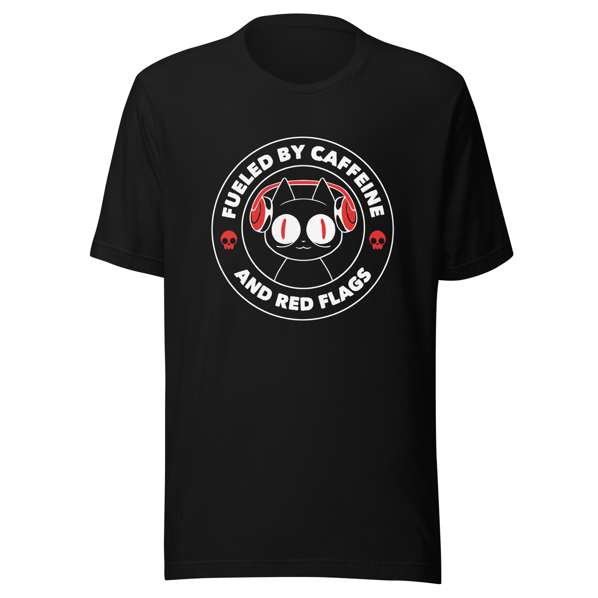 A stamp-style illustration of a black cat wearing headphones, featuring the phrase “Fueled by Caffeine and Red Flags”. A humorous and ironic design perfect for coffee lovers, chaotic souls, and anyone who embraces their red flags with style.