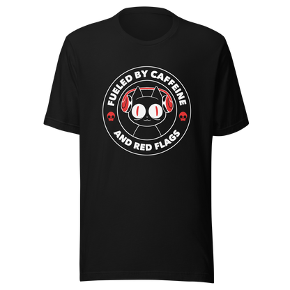 A stamp-style illustration of a black cat wearing headphones, featuring the phrase “Fueled by Caffeine and Red Flags”. A humorous and ironic design perfect for coffee lovers, chaotic souls, and anyone who embraces their red flags with style.