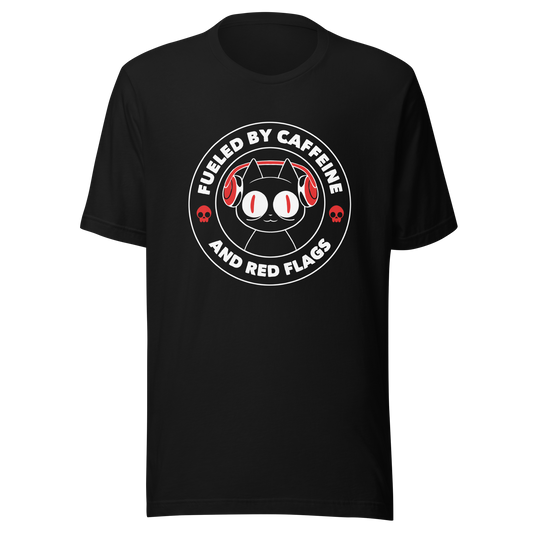 A stamp-style illustration of a black cat wearing headphones, featuring the phrase “Fueled by Caffeine and Red Flags”. A humorous and ironic design perfect for coffee lovers, chaotic souls, and anyone who embraces their red flags with style.