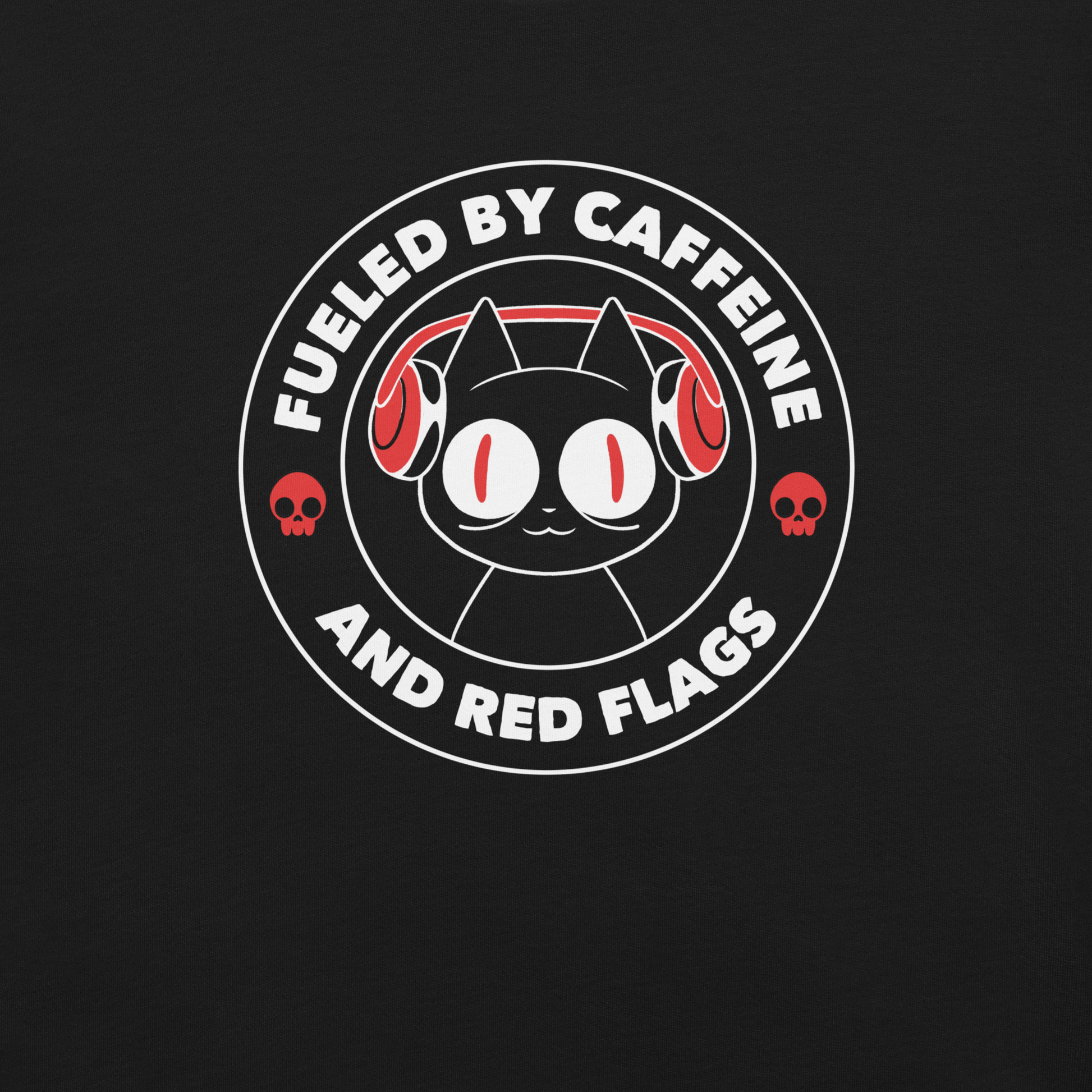 A stamp-style illustration of a black cat wearing headphones, featuring the phrase “Fueled by Caffeine and Red Flags”. A humorous and ironic design perfect for coffee lovers, chaotic souls, and anyone who embraces their red flags with style.