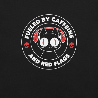 A stamp-style illustration of a black cat wearing headphones, featuring the phrase “Fueled by Caffeine and Red Flags”. A humorous and ironic design perfect for coffee lovers, chaotic souls, and anyone who embraces their red flags with style.