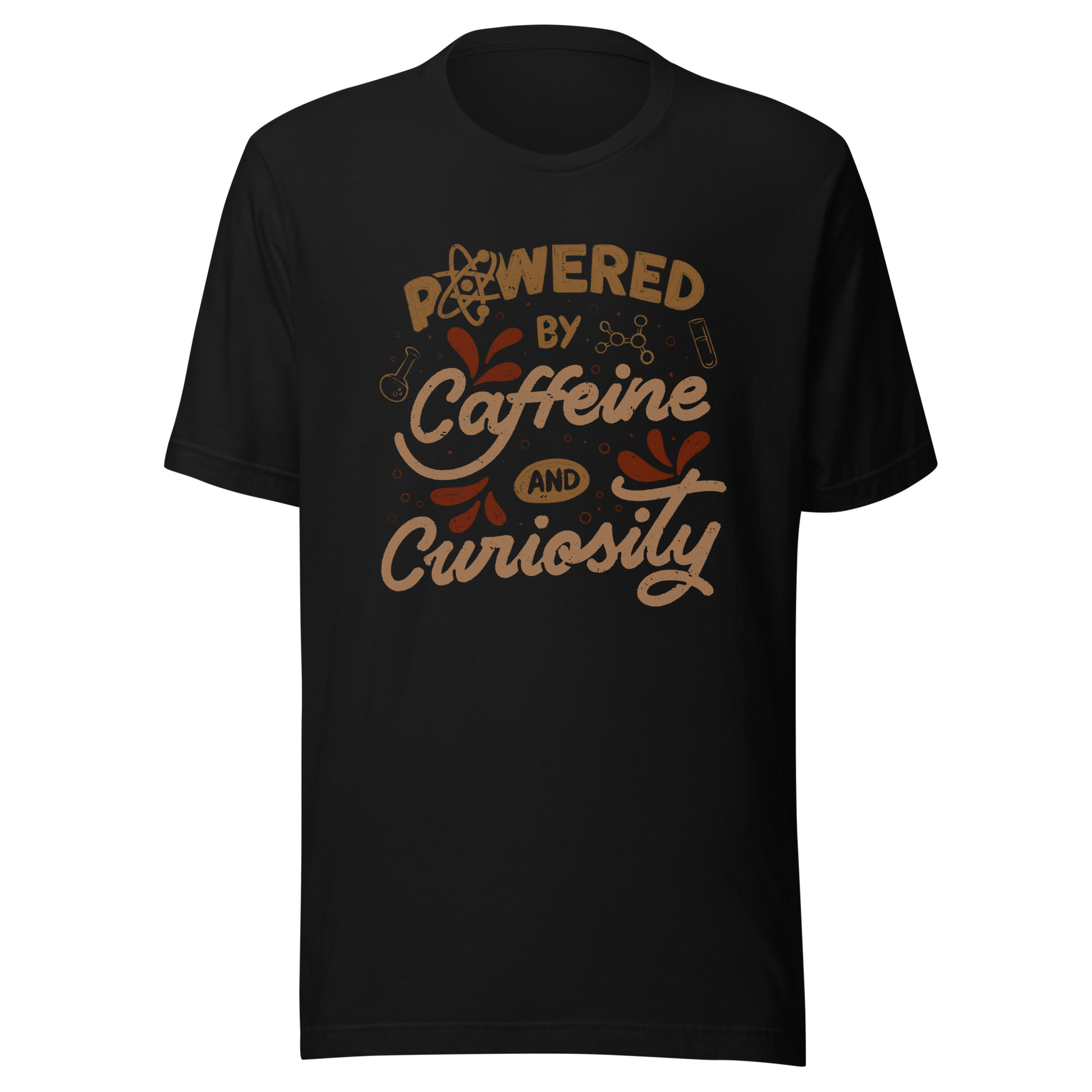 A vintage-style lettering artwork featuring the phrase “Powered by Caffeine and Curiosity” decorated with chemistry symbols, molecules and scientific details. This design captures the restless mind of those who question everything and rely on coffee to keep curiosity alive. Ideal for researchers, lab workers, students, science geeks and caffeine lovers. 
