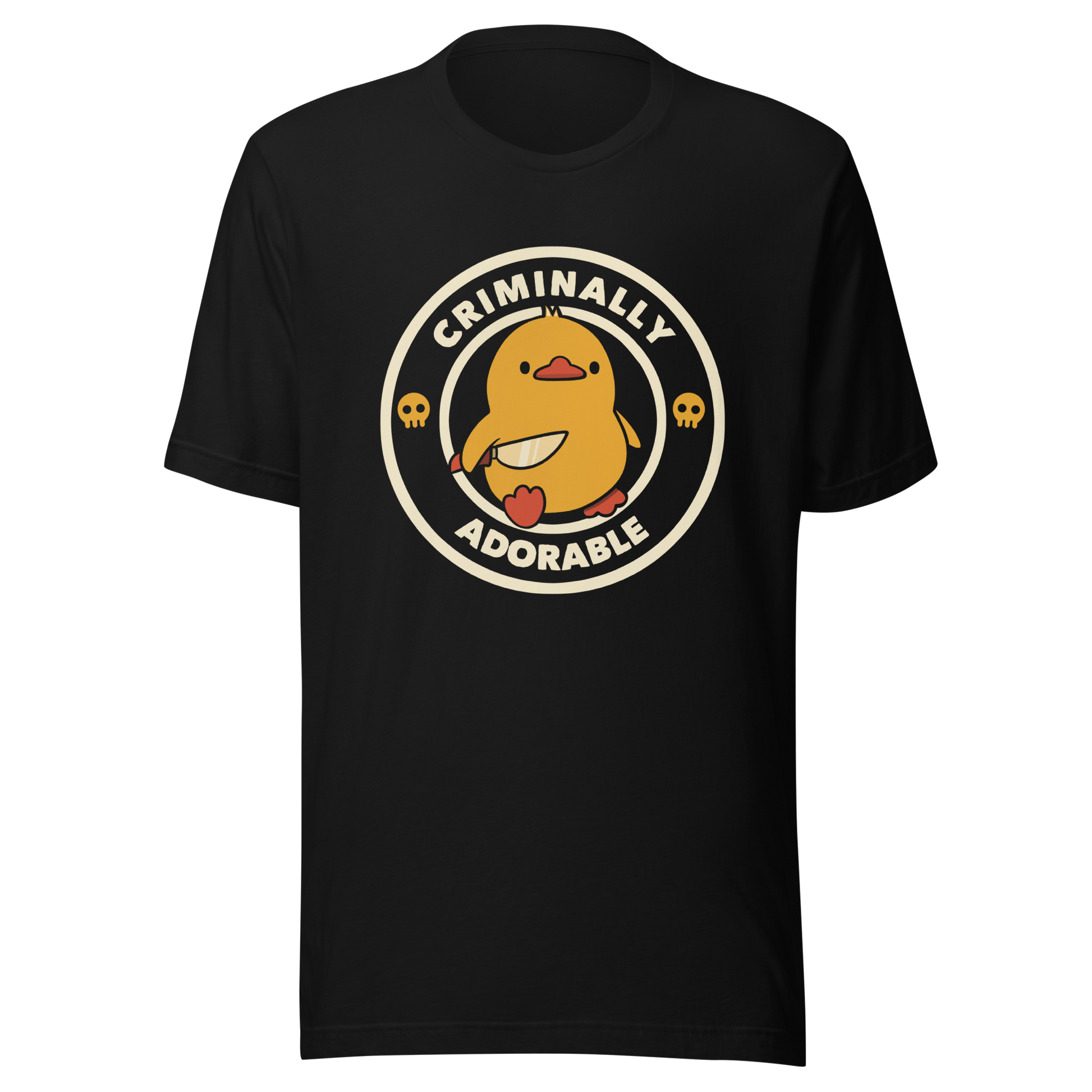 A cute yellow duck holding a small knife, around it the text "Criminally Adorable". An art that mixes humor with the temperament of ducks.