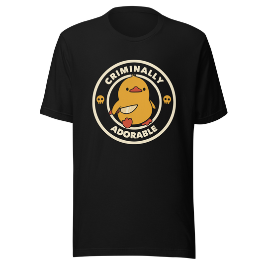 A cute yellow duck holding a small knife, around it the text "Criminally Adorable". An art that mixes humor with the temperament of ducks.