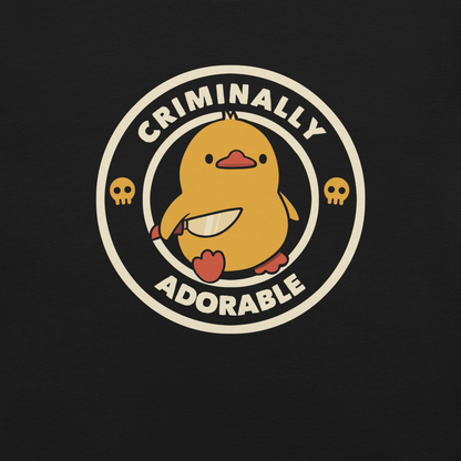 A cute yellow duck holding a small knife, around it the text "Criminally Adorable". An art that mixes humor with the temperament of ducks.