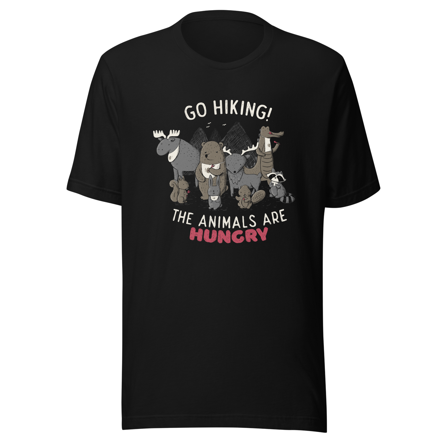 A playful nighttime illustration of cute animals gathered around a meal, holding utensils and napkins, ready to eat. Paired with the humorous phrase “Go Hiking! The Animals Are Hungry”, this whimsical design is perfect for animal lovers, fans of ironic humour, and anyone who enjoys fun art with a cheeky twist.