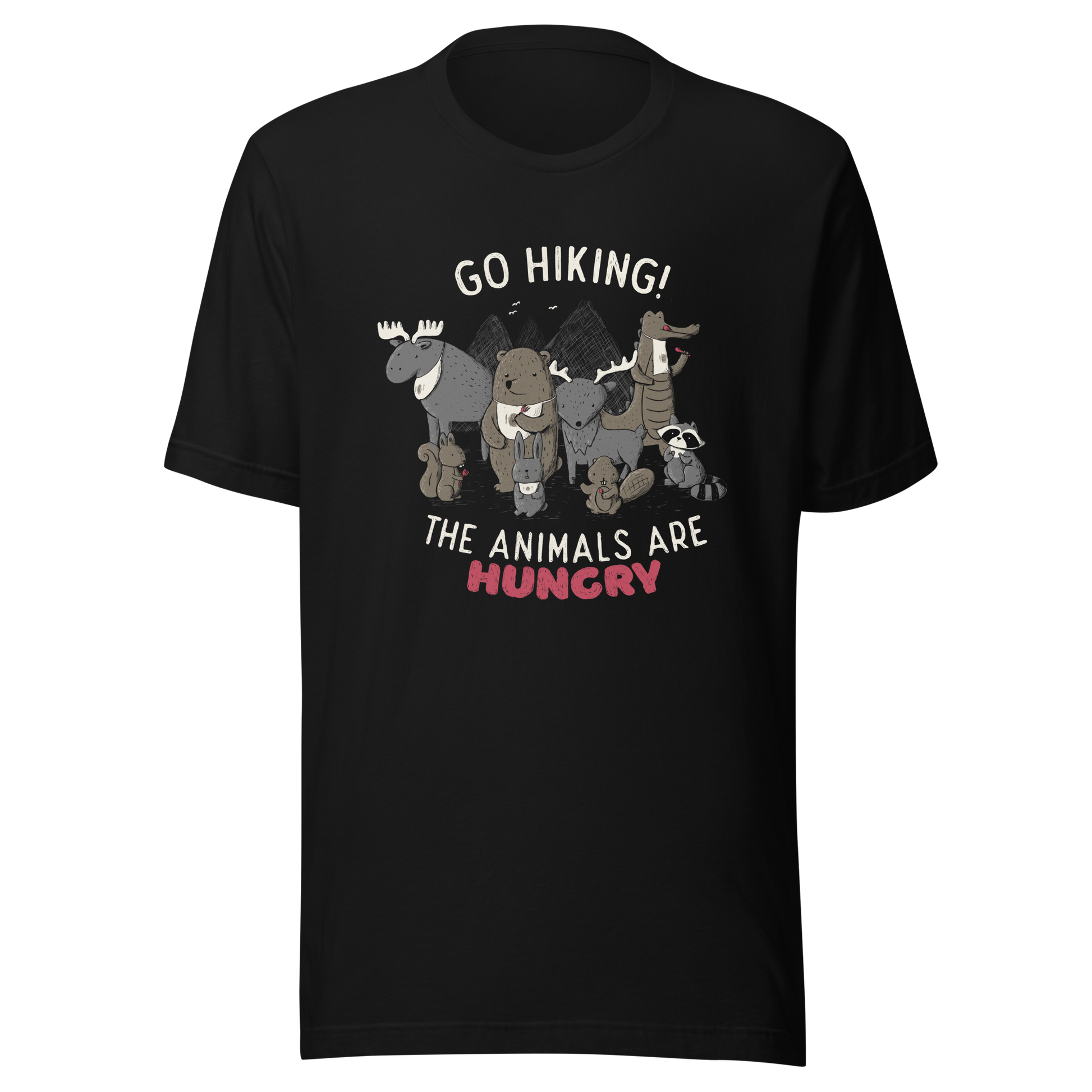 A playful nighttime illustration of cute animals gathered around a meal, holding utensils and napkins, ready to eat. Paired with the humorous phrase “Go Hiking! The Animals Are Hungry”, this whimsical design is perfect for animal lovers, fans of ironic humour, and anyone who enjoys fun art with a cheeky twist.