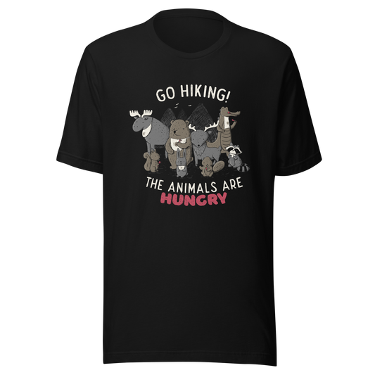 A playful nighttime illustration of cute animals gathered around a meal, holding utensils and napkins, ready to eat. Paired with the humorous phrase “Go Hiking! The Animals Are Hungry”, this whimsical design is perfect for animal lovers, fans of ironic humour, and anyone who enjoys fun art with a cheeky twist.