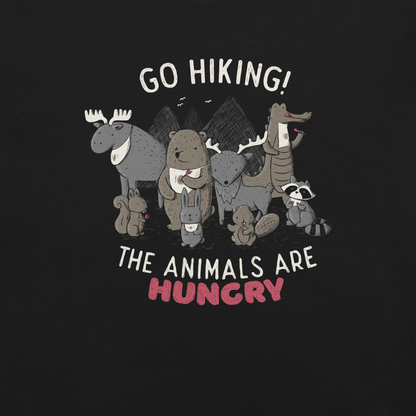 A playful nighttime illustration of cute animals gathered around a meal, holding utensils and napkins, ready to eat. Paired with the humorous phrase “Go Hiking! The Animals Are Hungry”, this whimsical design is perfect for animal lovers, fans of ironic humour, and anyone who enjoys fun art with a cheeky twist.