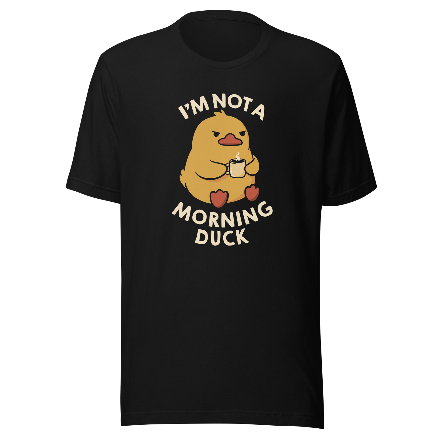 A cute little yellow duck, with a grumpy face, holding a mug of coffee and surrounded by the words "I'm Not a Morning Duck". This design plays on the humor of difficult mornings, mixing cuteness and sarcasm for those who only function after coffee. Perfect for those who are not at all morning people, coffee lovers and fans of funny prints and cute ducks.
