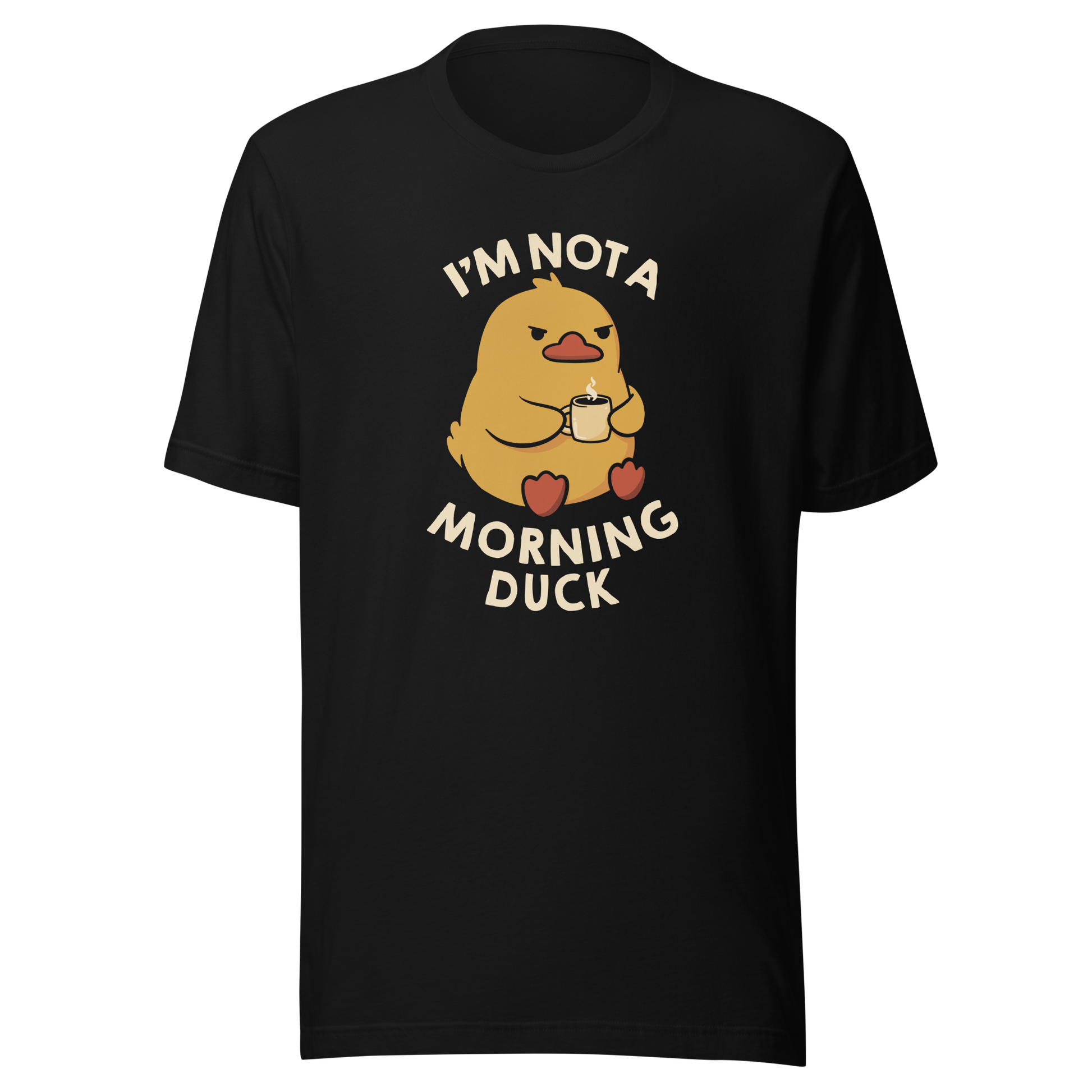 A cute little yellow duck, with a grumpy face, holding a mug of coffee and surrounded by the words "I'm Not a Morning Duck". This design plays on the humor of difficult mornings, mixing cuteness and sarcasm for those who only function after coffee. Perfect for those who are not at all morning people, coffee lovers and fans of funny prints and cute ducks.