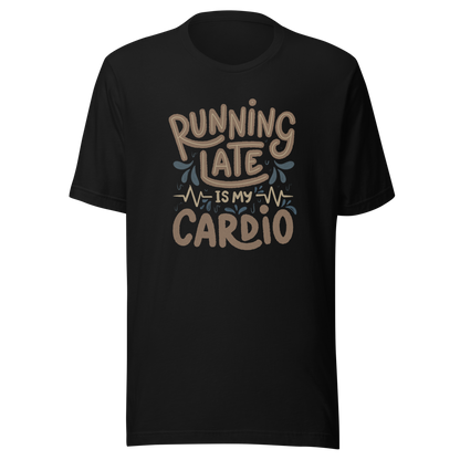 A playful hand-lettered typography design featuring the phrase “Running Late Is My Cardio,” with heartbeat lines and dynamic accents on the background. The artwork jokes that being late is the only form of exercise, poking fun at rushed mornings and chaotic routines with lighthearted humor. Ideal for chronically late people and anyone who loves good humor.