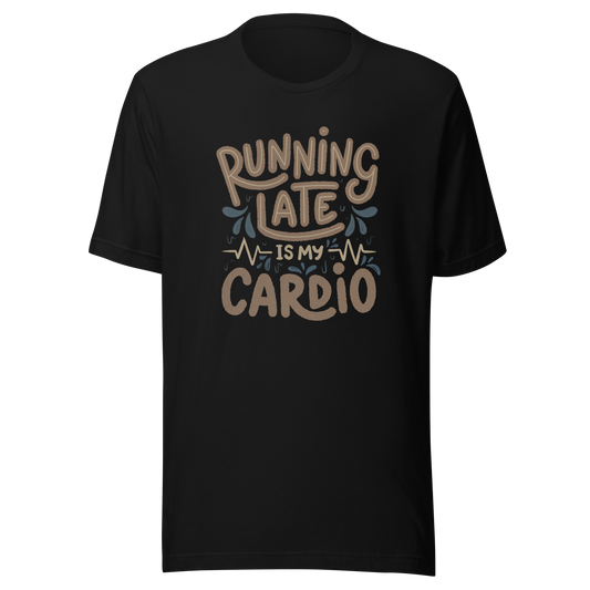 A playful hand-lettered typography design featuring the phrase “Running Late Is My Cardio,” with heartbeat lines and dynamic accents on the background. The artwork jokes that being late is the only form of exercise, poking fun at rushed mornings and chaotic routines with lighthearted humor. Ideal for chronically late people and anyone who loves good humor.