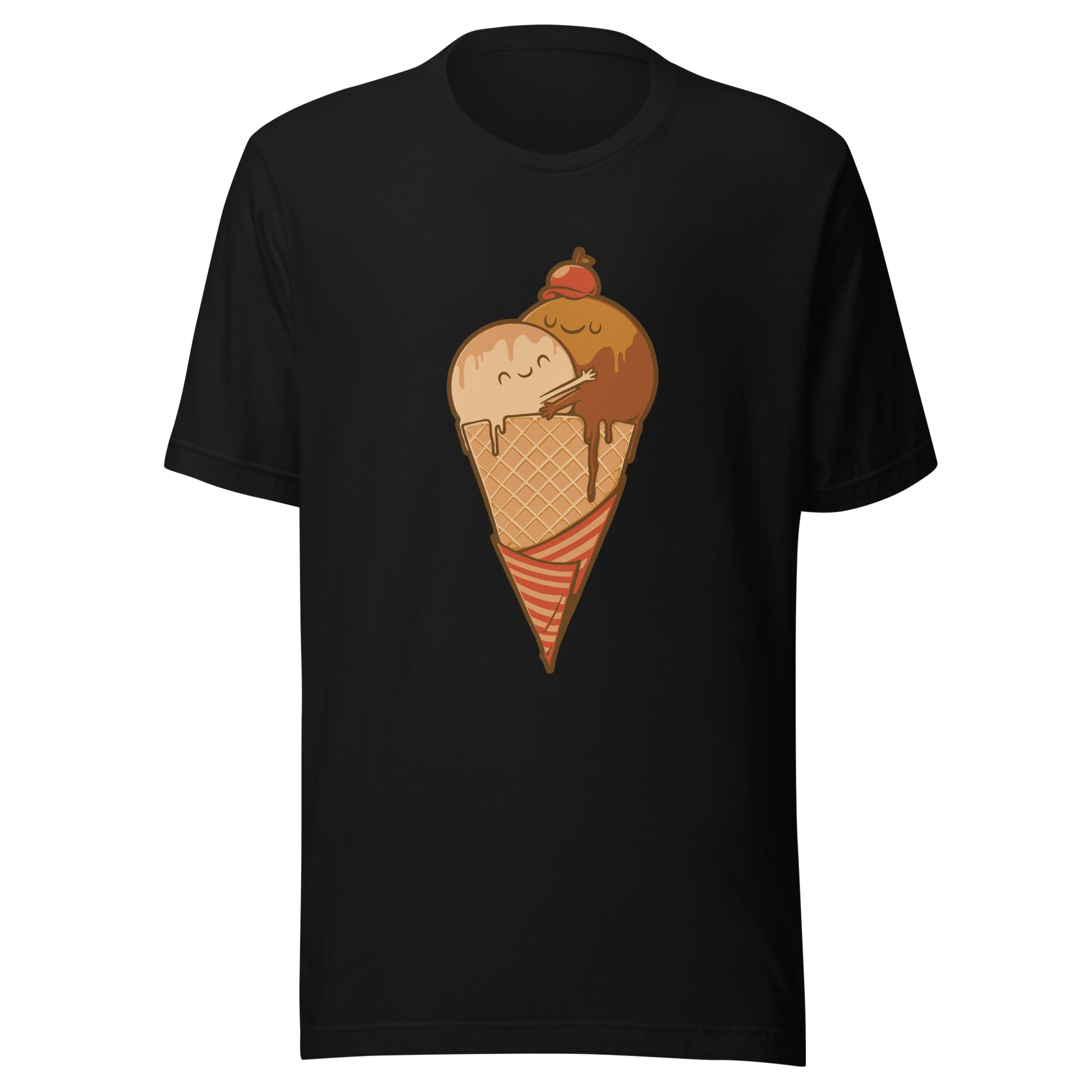 A cute illustration of an ice cream cone and two scoops hugging to form a heart, celebrating love, sweetness, and playful vibes. Perfect for dessert lovers and fans of adorable art.