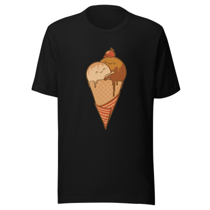 A cute illustration of an ice cream cone and two scoops hugging to form a heart, celebrating love, sweetness, and playful vibes. Perfect for dessert lovers and fans of adorable art.