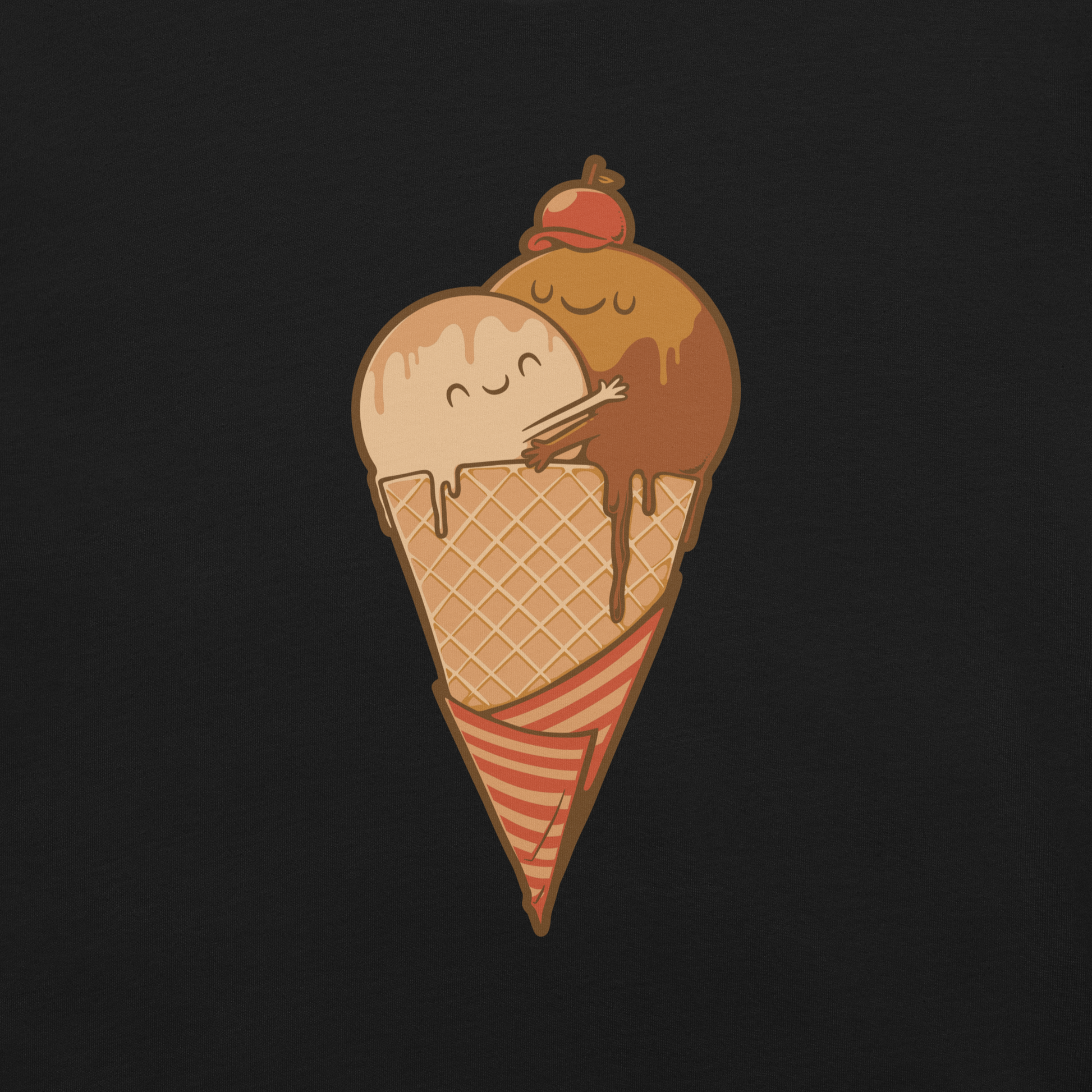 A cute illustration of an ice cream cone and two scoops hugging to form a heart, celebrating love, sweetness, and playful vibes. Perfect for dessert lovers and fans of adorable art.