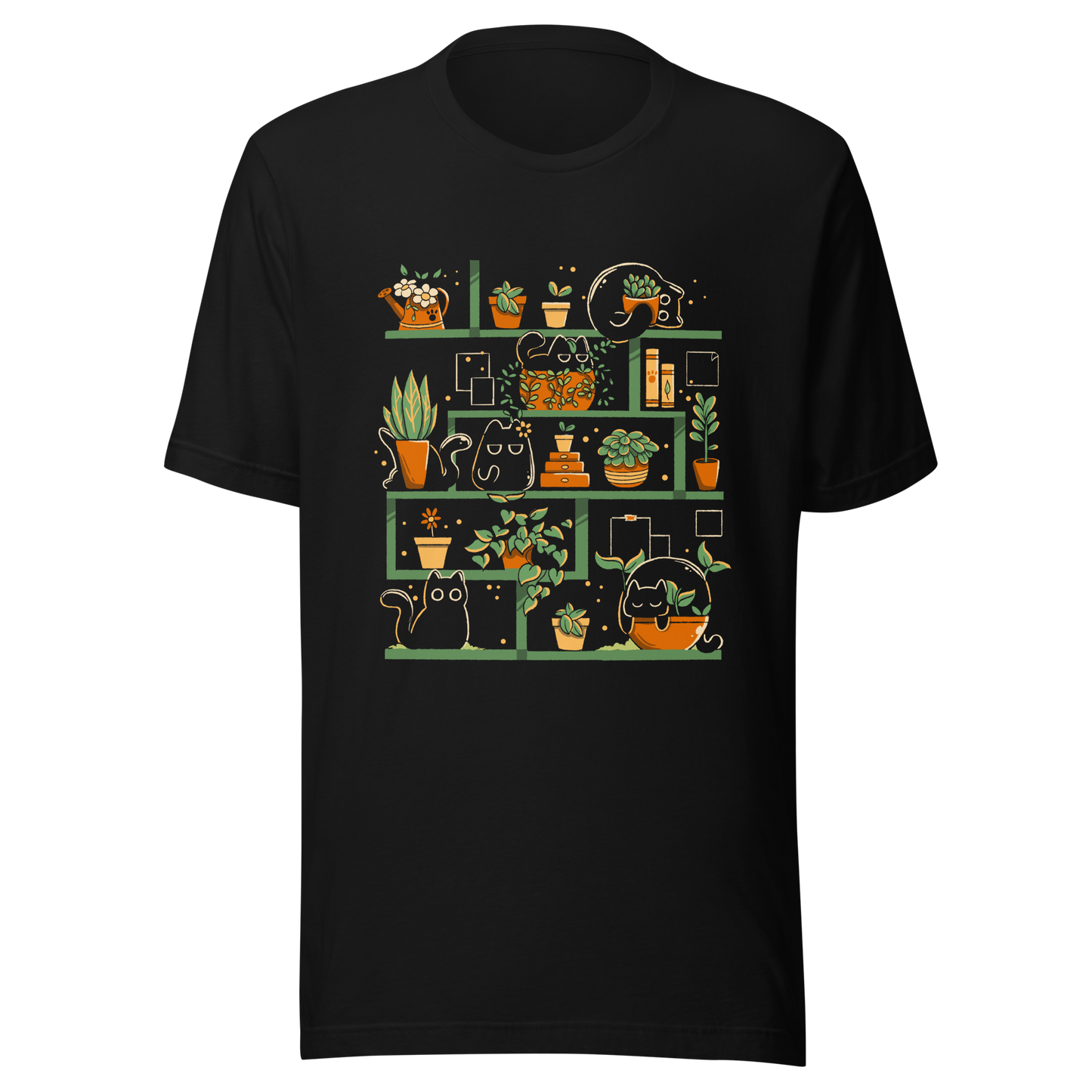 A minimalist illustration of a charming bookcase filled with lush potted plants and adorable kittens nestled among them. A cute and funny design, perfect for cat lovers, plant enthusiasts, and cosy decor fans.