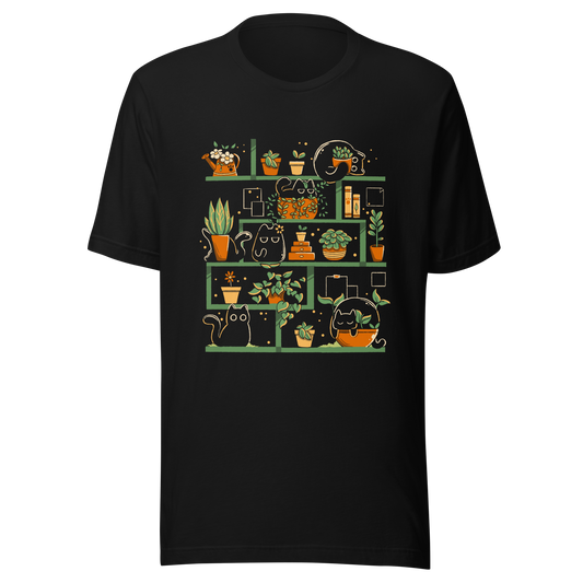A minimalist illustration of a charming bookcase filled with lush potted plants and adorable kittens nestled among them. A cute and funny design, perfect for cat lovers, plant enthusiasts, and cosy decor fans.