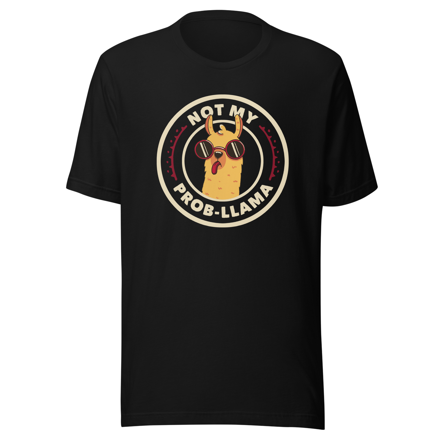 A delightful stamp-style illustration featuring a playful llama wearing sunglasses and sticking out its tongue. Framing the image is the witty phrase “Not My Prob-Llama,” adding a humorous twist to the llama’s carefree attitude. Fun, lighthearted, and full of personality, this artwork is perfect for anyone who loves llamas and enjoys a touch of sarcastic humor.