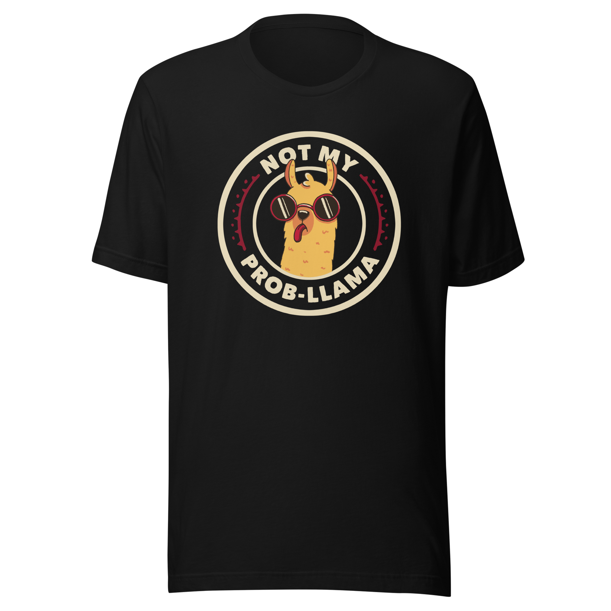 A delightful stamp-style illustration featuring a playful llama wearing sunglasses and sticking out its tongue. Framing the image is the witty phrase “Not My Prob-Llama,” adding a humorous twist to the llama’s carefree attitude. Fun, lighthearted, and full of personality, this artwork is perfect for anyone who loves llamas and enjoys a touch of sarcastic humor.