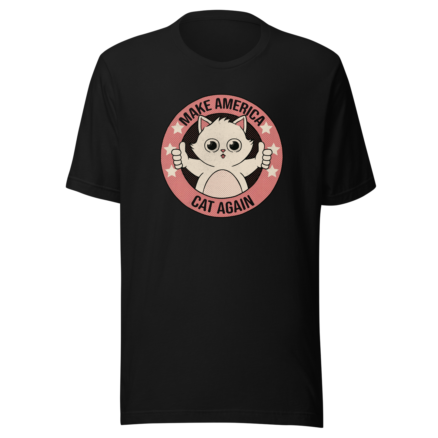 A stamp-style illustration of a cute kitten giving a two-finger thumbs-up, paired with the humorous phrase “Make America Cat Again”. A fun, ironic design for cat lovers and fans of playful pop culture art.