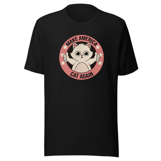 A stamp-style illustration of a cute kitten giving a two-finger thumbs-up, paired with the humorous phrase “Make America Cat Again”. A fun, ironic design for cat lovers and fans of playful pop culture art.