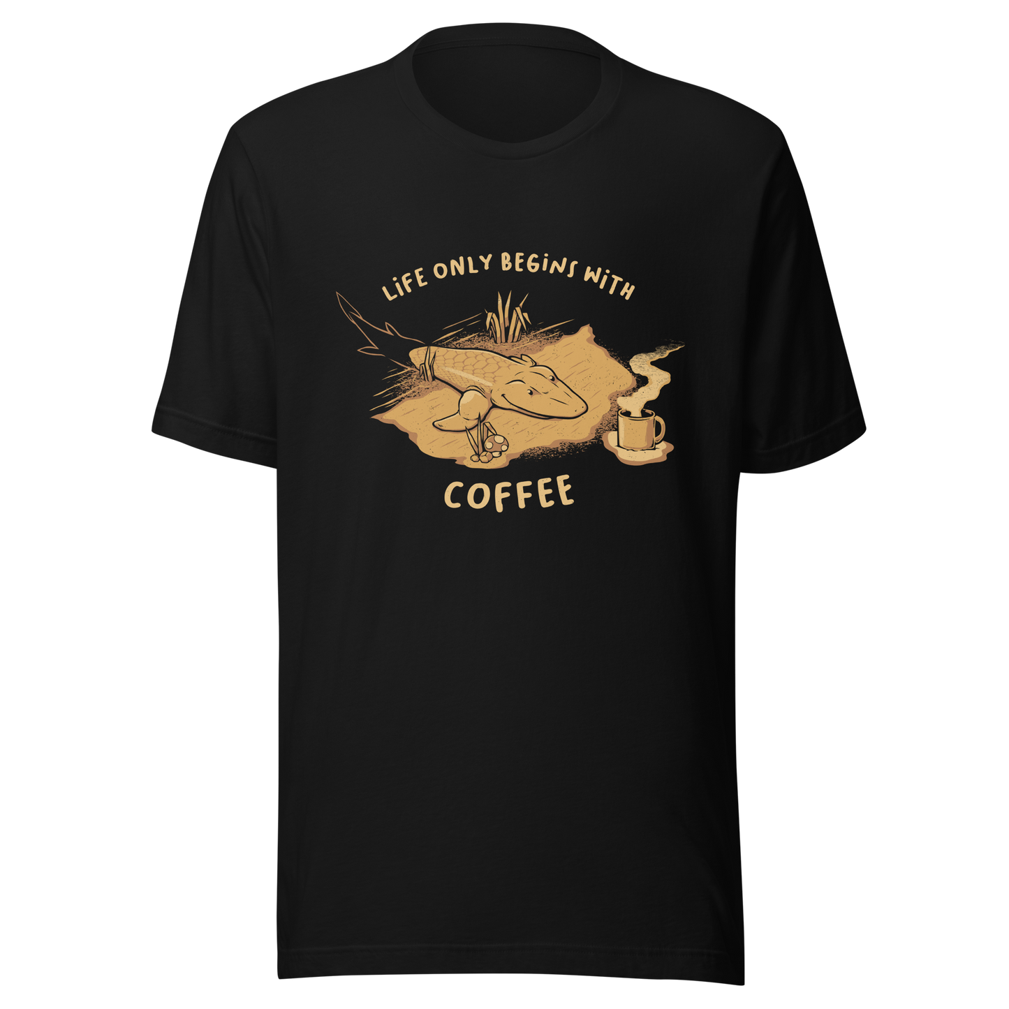 This funny illustration shows a tadpole evolving into a terrestrial creature while reaching for a cup of coffee. Paired with the phrase ‘Life Begins After Coffee Evolution’, the artwork humorously compares human evolution to our daily need for coffee.