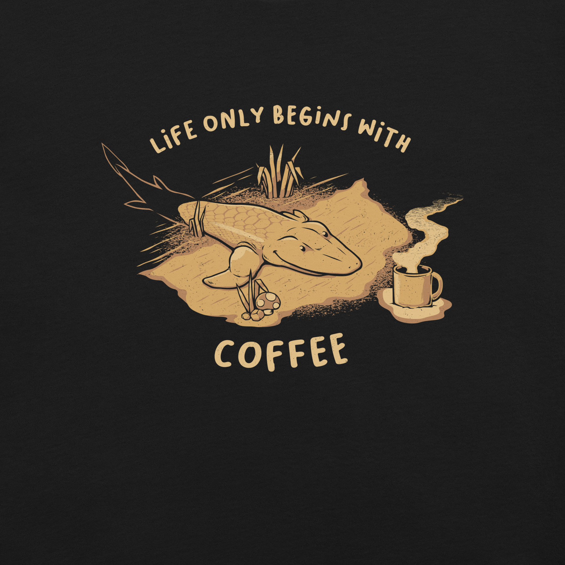 This funny illustration shows a tadpole evolving into a terrestrial creature while reaching for a cup of coffee. Paired with the phrase ‘Life Begins After Coffee Evolution’, the artwork humorously compares human evolution to our daily need for coffee.