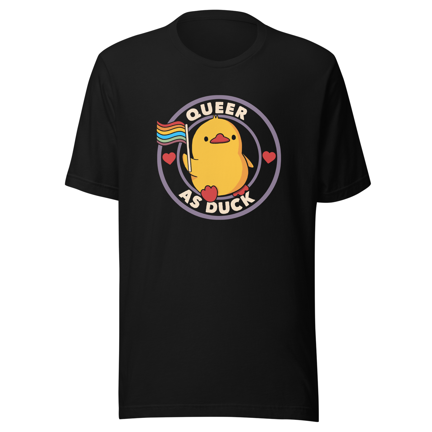 A stamp featuring an adorable duckling holding the LGBTQ flag, surrounded by the text "Queer as Duck". This charming artwork serves as a perfect way to display your support for LGBTQ rights.