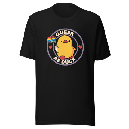 A stamp featuring an adorable duckling holding the LGBTQ flag, surrounded by the text "Queer as Duck". This charming artwork serves as a perfect way to display your support for LGBTQ rights.