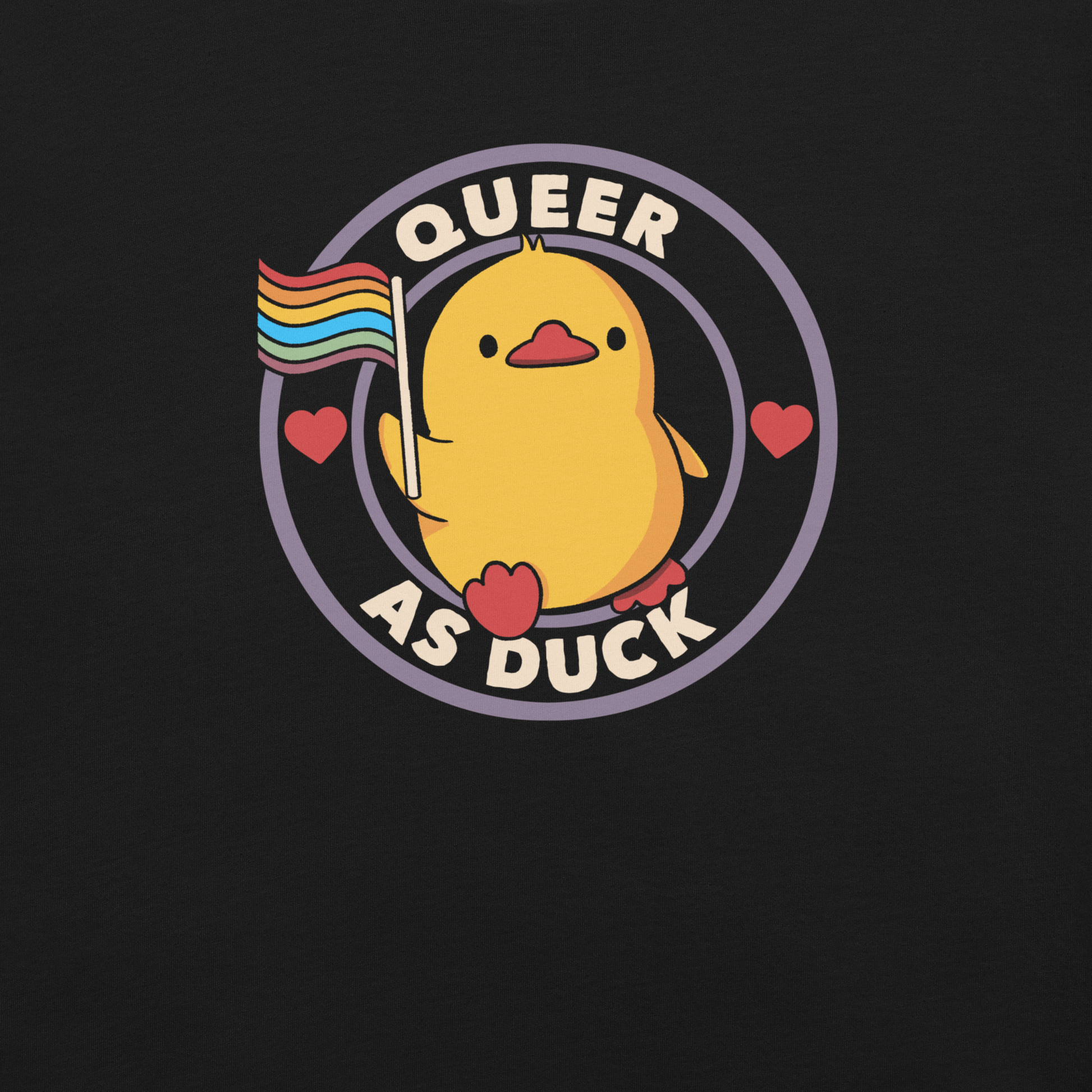 A stamp featuring an adorable duckling holding the LGBTQ flag, surrounded by the text "Queer as Duck". This charming artwork serves as a perfect way to display your support for LGBTQ rights.