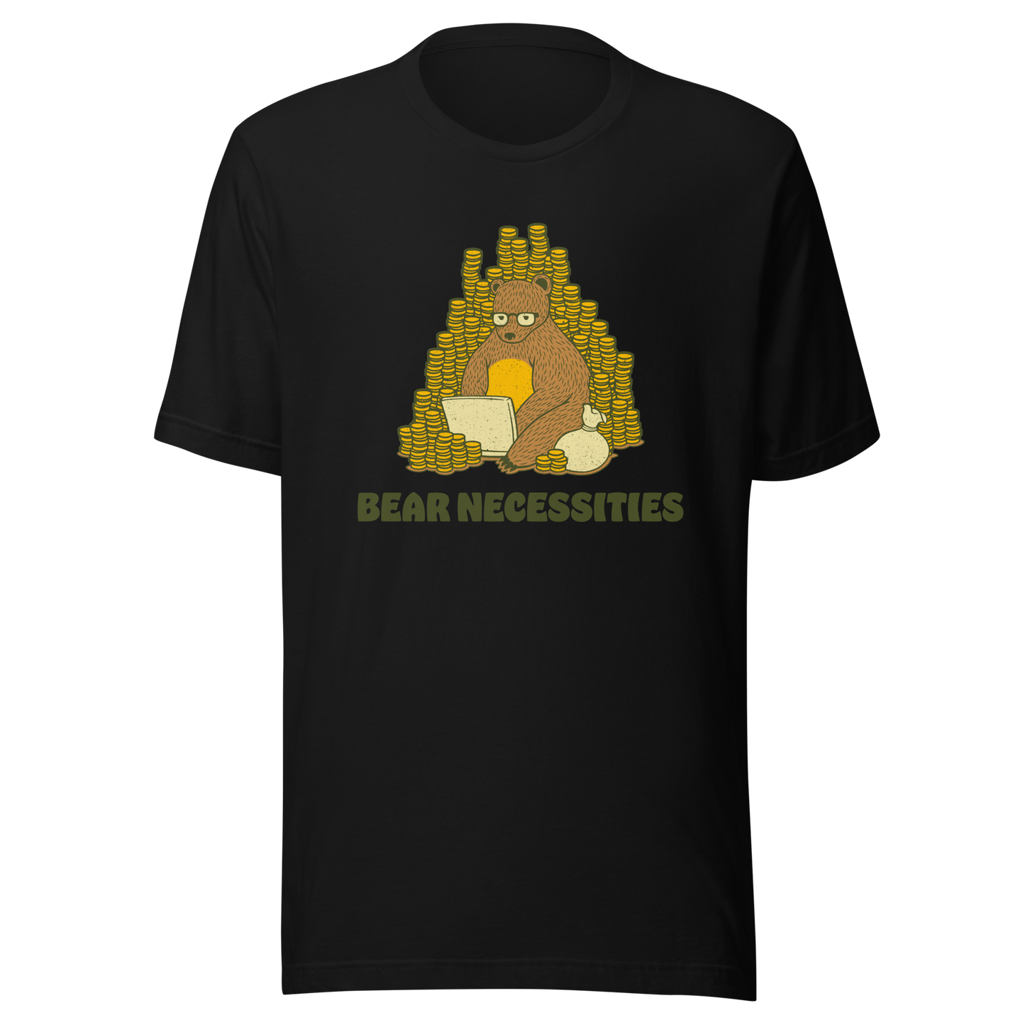 A brown bear wearing glasses works on his laptop, surrounded by stacks of coins. The phrase ‘Bear Necessities’ adds a clever, humorous twist. A minimalist and playful design, perfect for entrepreneurs, freelancers, office lovers and fans of witty animal art.