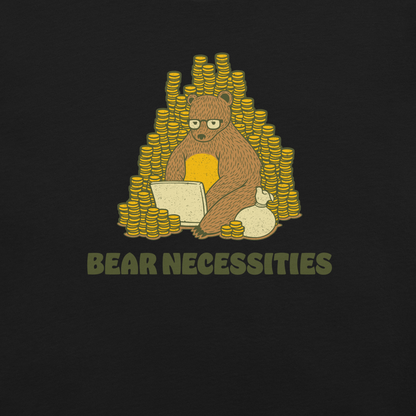 A brown bear wearing glasses works on his laptop, surrounded by stacks of coins. The phrase ‘Bear Necessities’ adds a clever, humorous twist. A minimalist and playful design, perfect for entrepreneurs, freelancers, office lovers and fans of witty animal art.