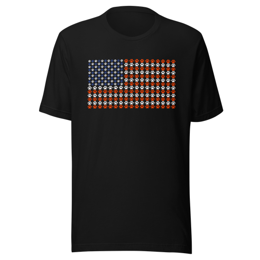 An artistic reinterpretation of the United States flag formed entirely by countless small paw prints. Blending patriotism with pet love, this creative design celebrates animal lovers, dogs, cats, and the special bond between people and their furry companions.