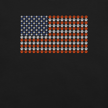 An artistic reinterpretation of the United States flag formed entirely by countless small paw prints. Blending patriotism with pet love, this creative design celebrates animal lovers, dogs, cats, and the special bond between people and their furry companions.