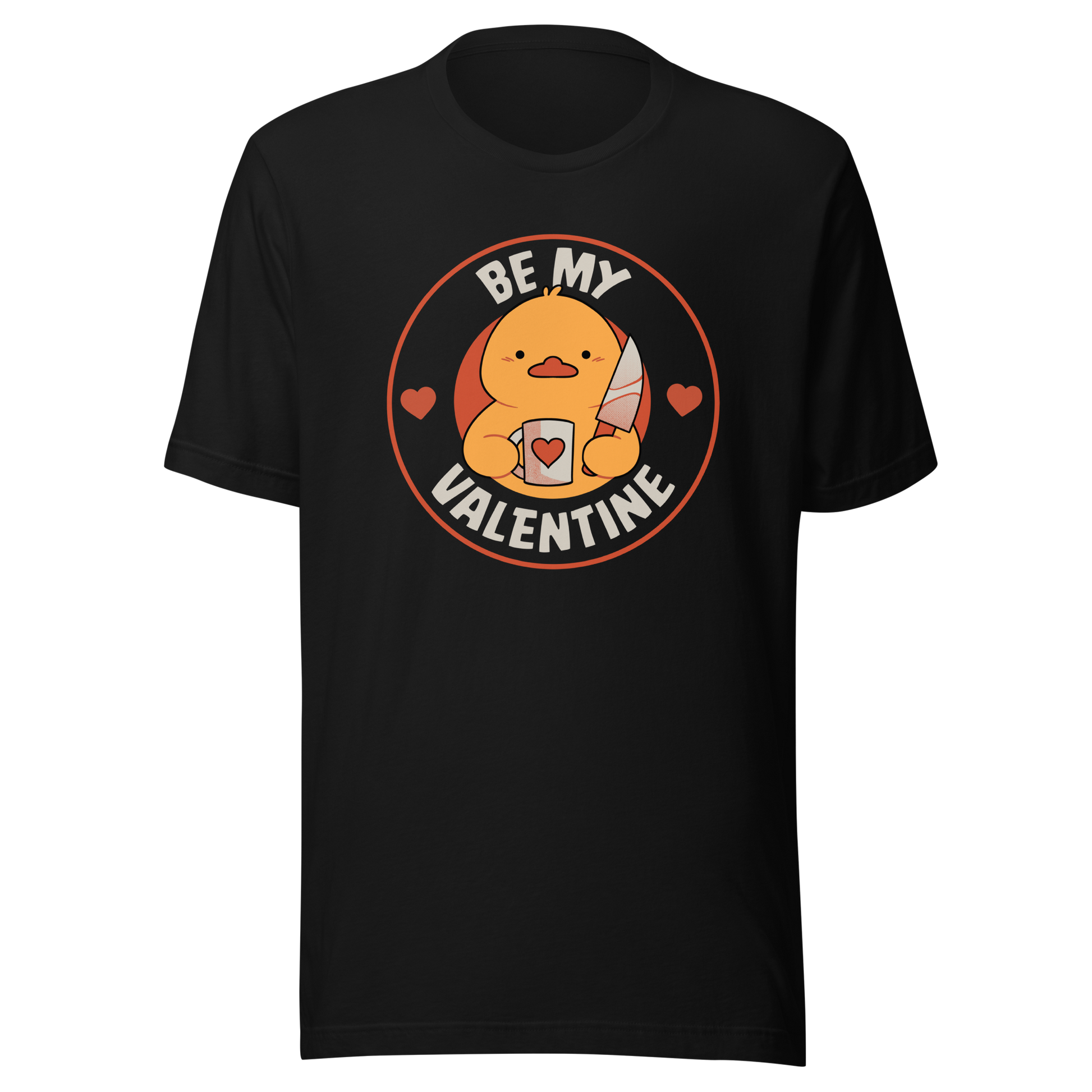 A cute duckling holding a heart-shaped coffee mug and a small knife, paired with the phrase ‘Be My Valentine Funny Duck’. A playful mix of cuteness and dark humor, perfect for coffee lovers and fans of ironic, quirky art.