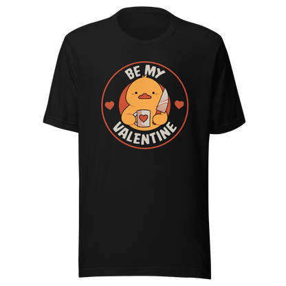 A cute duckling holding a heart-shaped coffee mug and a small knife, paired with the phrase ‘Be My Valentine Funny Duck’. A playful mix of cuteness and dark humor, perfect for coffee lovers and fans of ironic, quirky art.