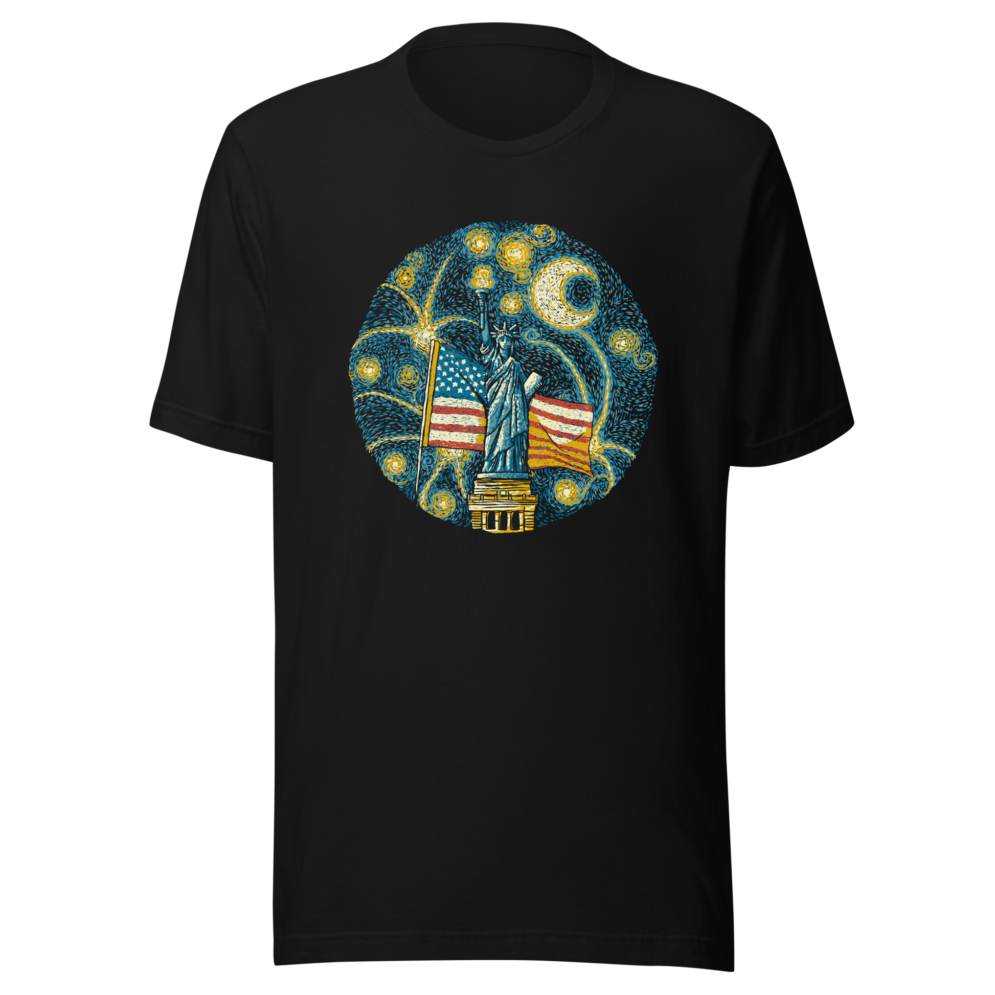 An Impressionist-style artwork inspired by Van Gogh, featuring the Statue of Liberty under a swirling starry sky with the United States flag in the background. A symbolic fusion of liberty, patriotism, night sky, and expressive oil painting style, inspired by Van Gogh aesthetics.
