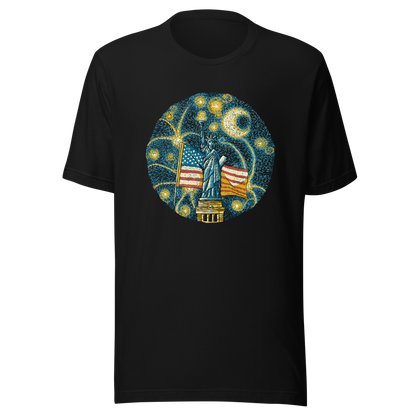 An Impressionist-style artwork inspired by Van Gogh, featuring the Statue of Liberty under a swirling starry sky with the United States flag in the background. A symbolic fusion of liberty, patriotism, night sky, and expressive oil painting style, inspired by Van Gogh aesthetics.