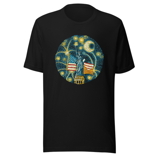 An Impressionist-style artwork inspired by Van Gogh, featuring the Statue of Liberty under a swirling starry sky with the United States flag in the background. A symbolic fusion of liberty, patriotism, night sky, and expressive oil painting style, inspired by Van Gogh aesthetics.