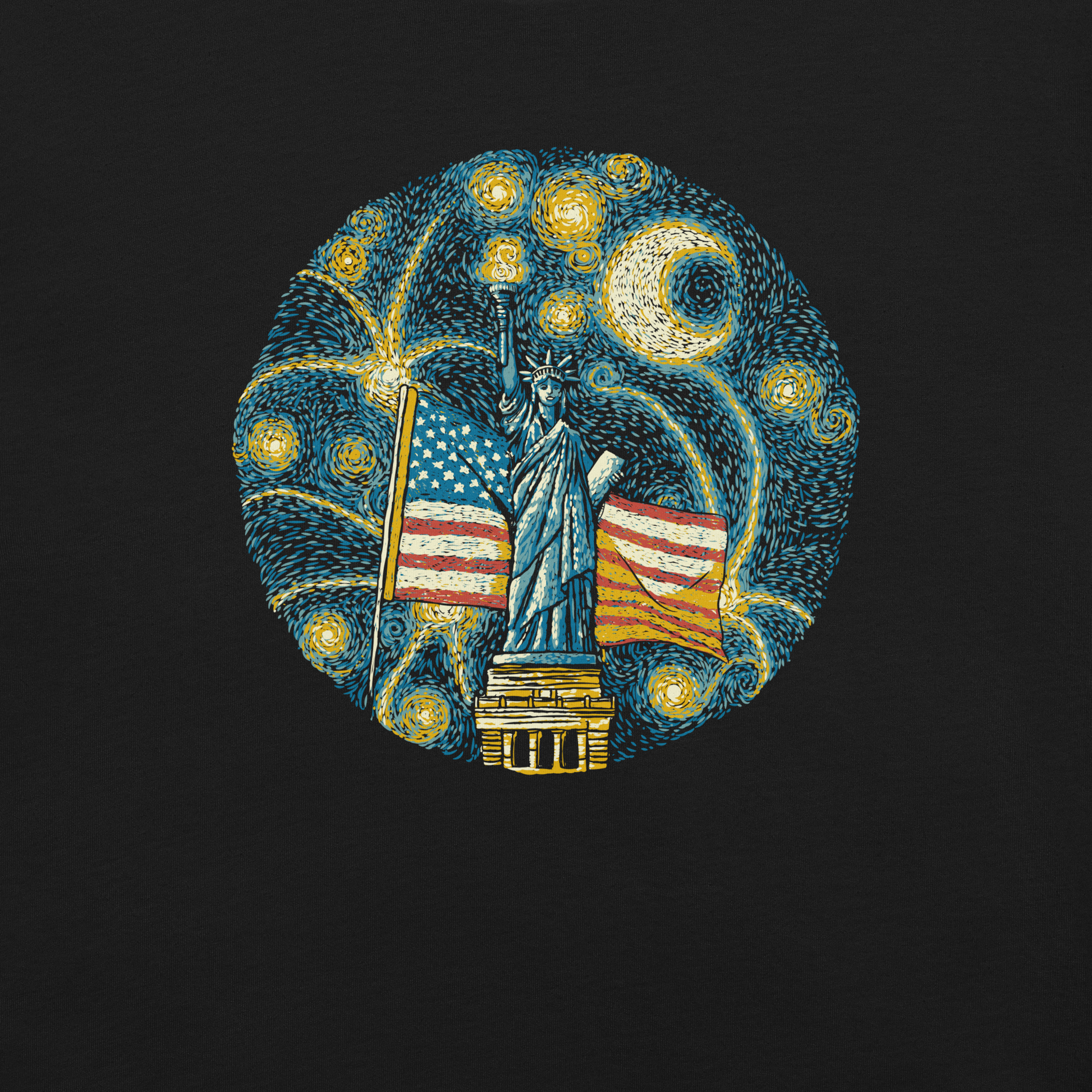 An Impressionist-style artwork inspired by Van Gogh, featuring the Statue of Liberty under a swirling starry sky with the United States flag in the background. A symbolic fusion of liberty, patriotism, night sky, and expressive oil painting style, inspired by Van Gogh aesthetics.