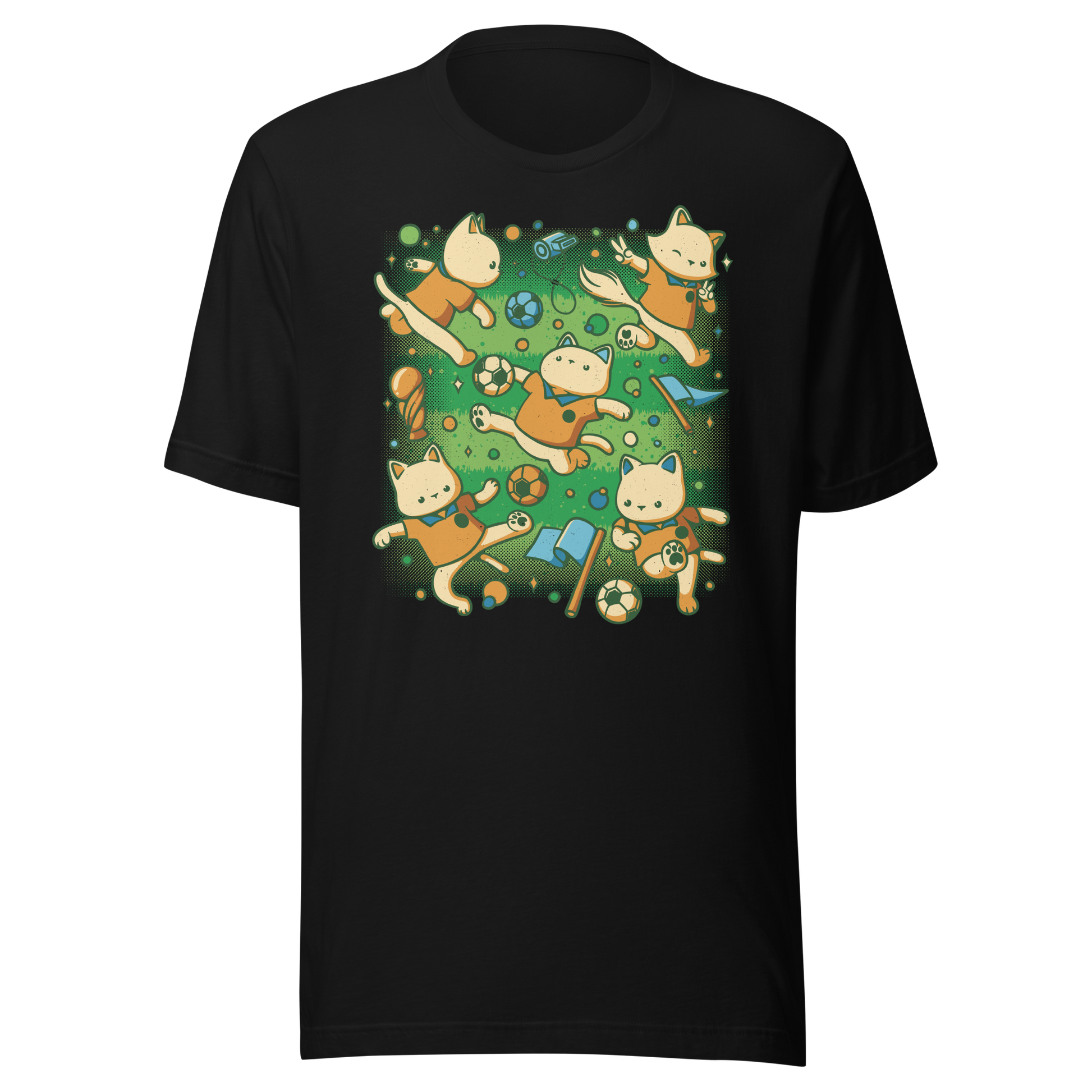 An artwork featuring several cats in soccer uniforms kicking a ball, surrounded by trophies, flags, and other football-inspired elements. A playful design perfect for cat lovers, soccer fans, and anyone who enjoys whimsical sports-themed art.