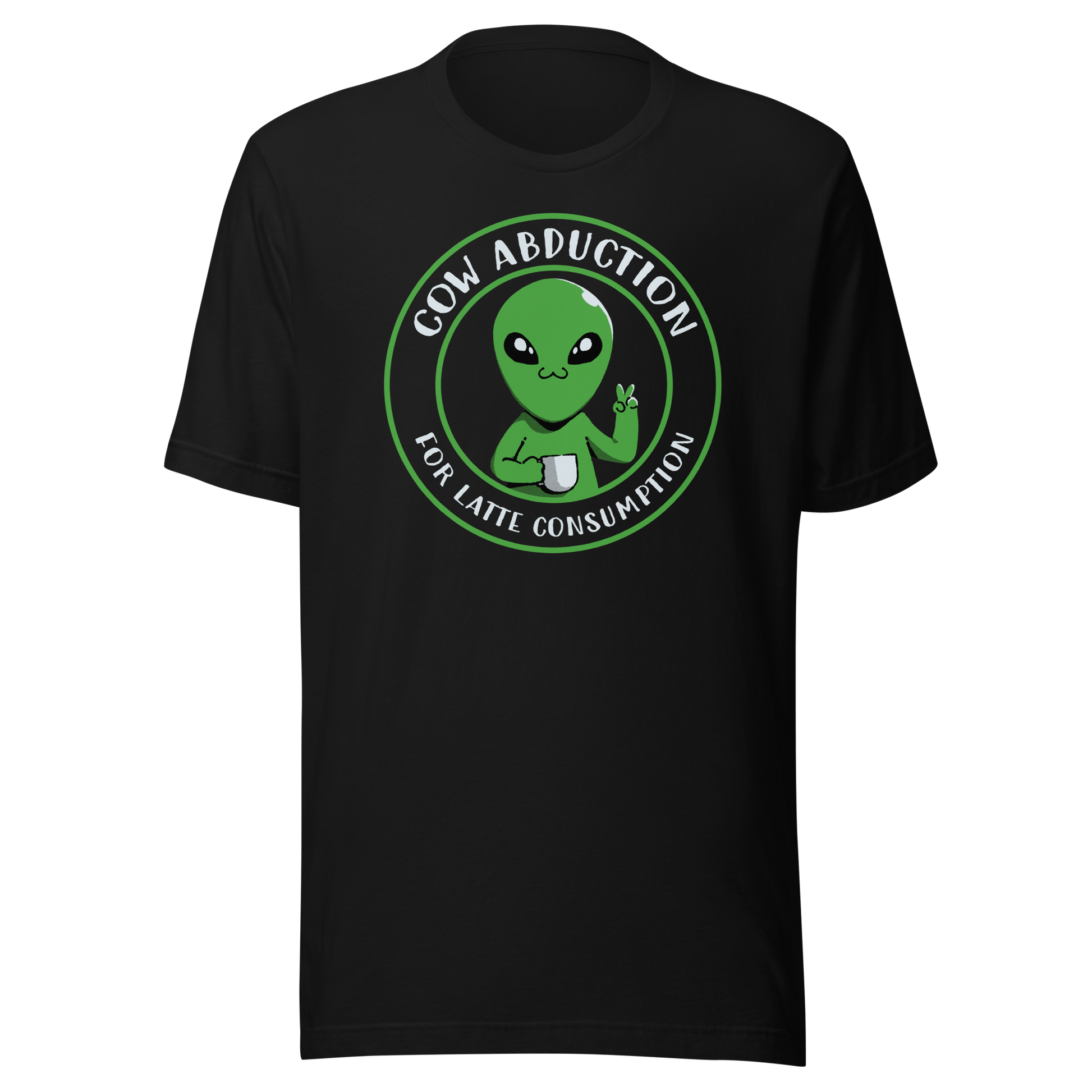 A cute alien holding a cup of coffee, paired with the phrase ‘Cow Abduction For Latte Consumption’. A playful and humorous design that mixes sci-fi vibes with coffee obsession. Perfect for coffee lovers, alien enthusiasts, and anyone who enjoys quirky, funny art with a cosmic twist.
