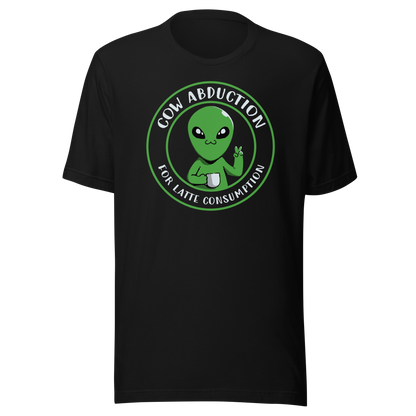 A cute alien holding a cup of coffee, paired with the phrase ‘Cow Abduction For Latte Consumption’. A playful and humorous design that mixes sci-fi vibes with coffee obsession. Perfect for coffee lovers, alien enthusiasts, and anyone who enjoys quirky, funny art with a cosmic twist.
