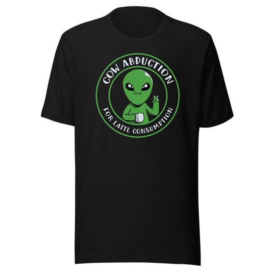 A cute alien holding a cup of coffee, paired with the phrase ‘Cow Abduction For Latte Consumption’. A playful and humorous design that mixes sci-fi vibes with coffee obsession. Perfect for coffee lovers, alien enthusiasts, and anyone who enjoys quirky, funny art with a cosmic twist.